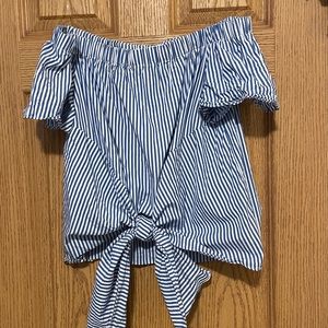 Off the shoulder striped top with Tie at the bottom